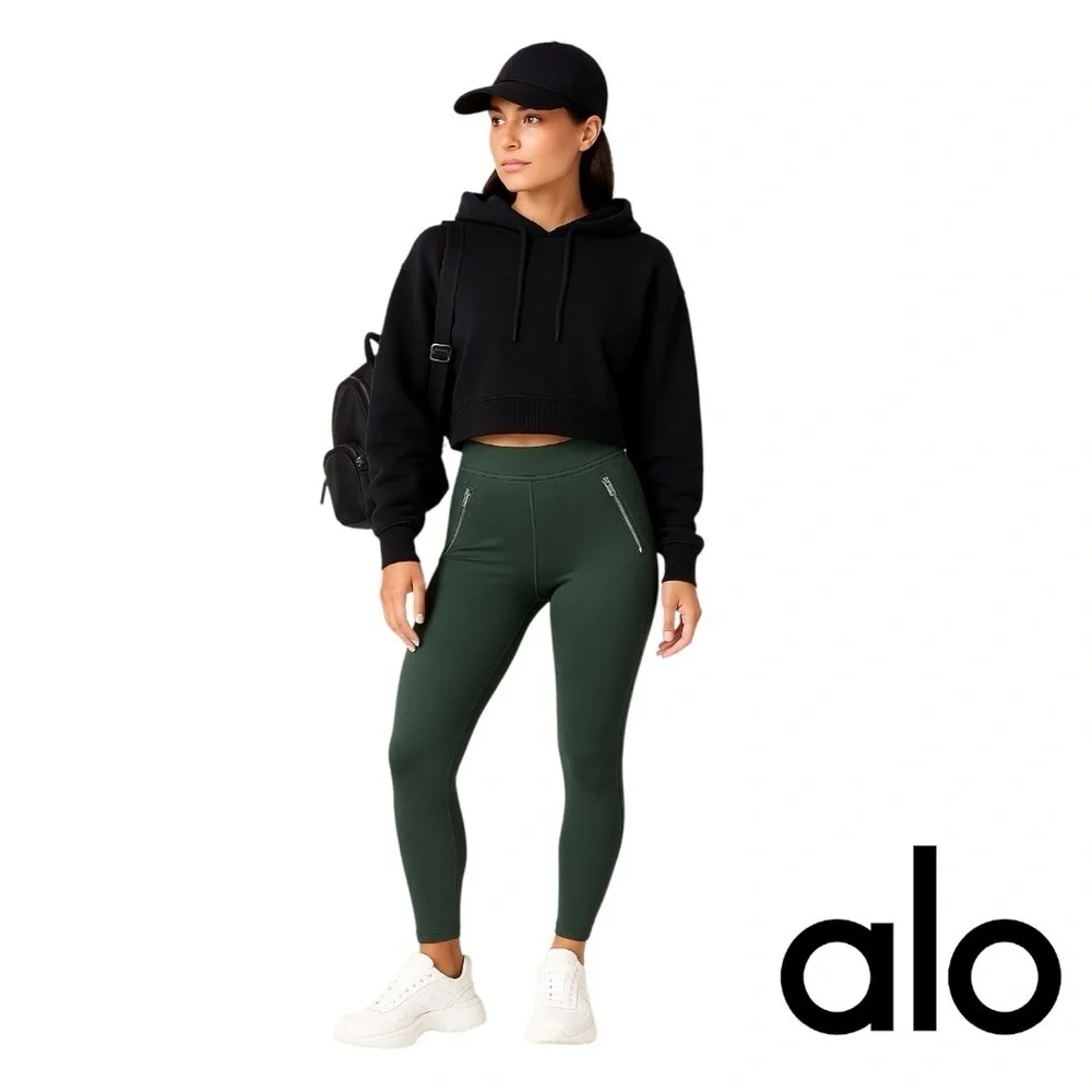 NWOT! ALO YOGA High-Waist Thrill Seeker Leggings in Olive Green with Front Zippe